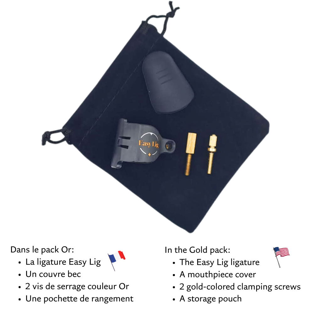 Easy Lig clarinet ligature set with mouthpiece cover, two gold screws, and storage pouch best clarinet ligature for beginners